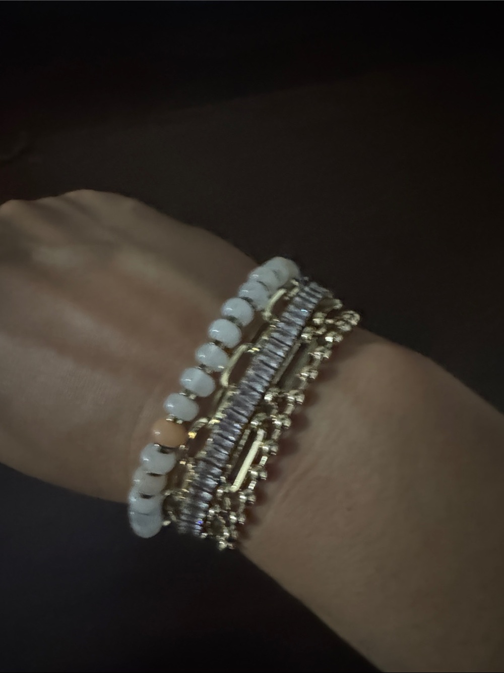 Victoria Emerson Gold and White Layered Bracelet Stack with Peach Accent